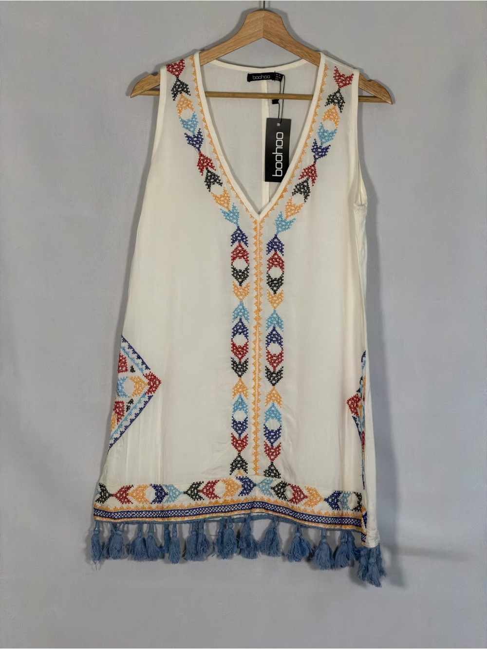 Boohoo NWT White Embroidered Tassel Beach Cover Up Dress Boho US 6 UK 10